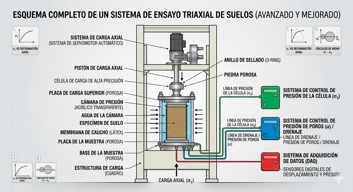 Esquema del equipo de ensayo Triaxial