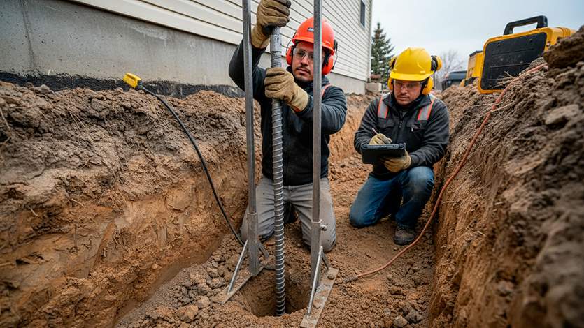 Técnicos realizando sondeo DPSH cerca de fundación existente
