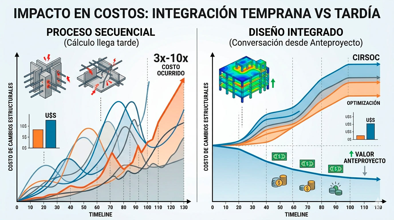 Gráfico Comparativo Impacto Costos Integración Temprana vs Tardía T&F Studio